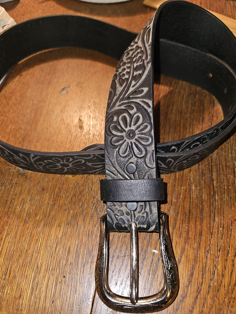 Natural Reflections Black Tooled Floral Leather Belt with Silver Buckle